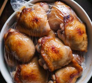 food in plastic wrap being microwaved