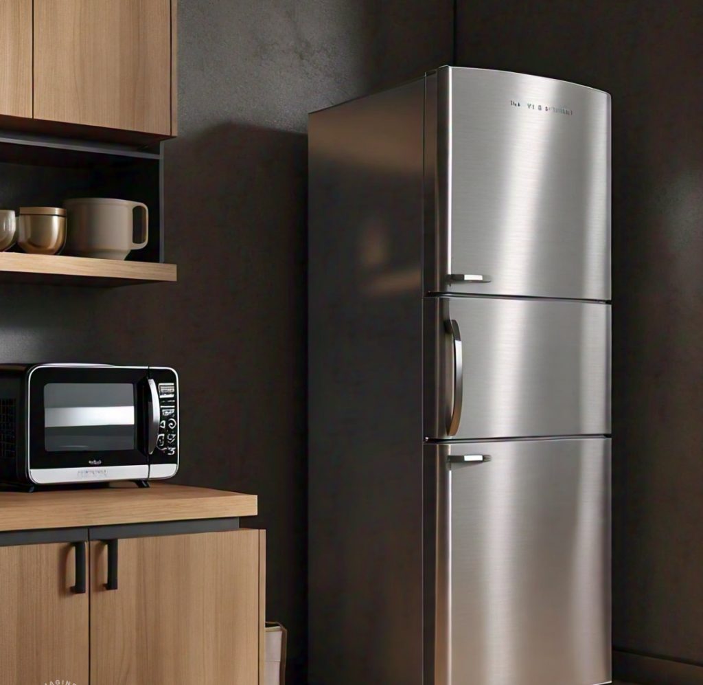 microwave on top of fridge