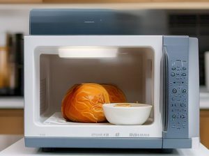 microwave on metal shelf