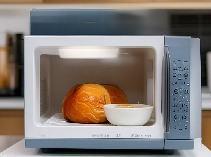 microwave on metal shelf