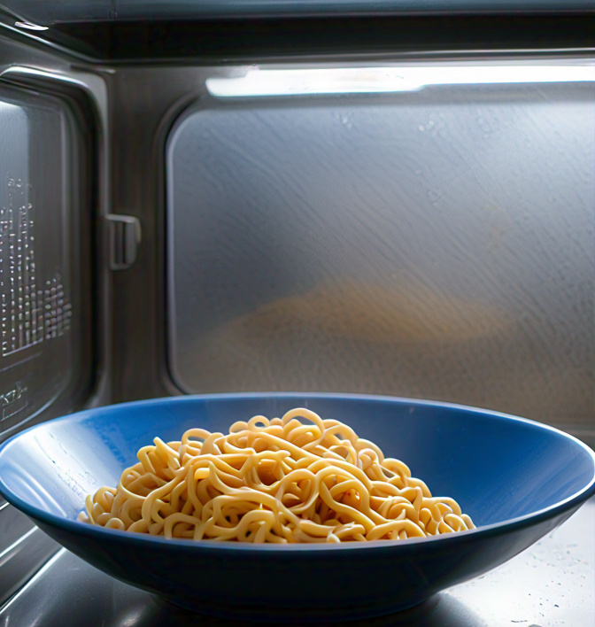 a cup of noodles cooking in microwave