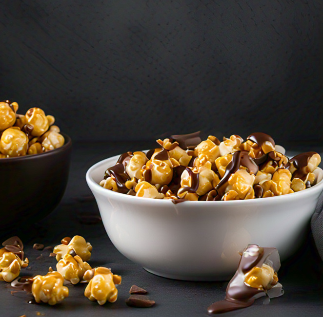 Chocolate caramel popcorn cooked in microwave