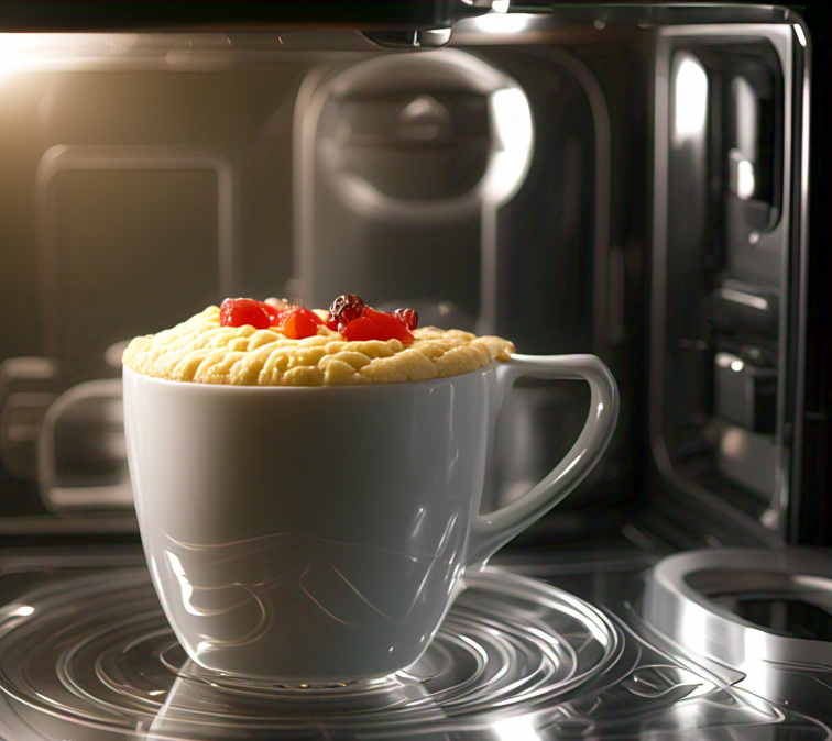 mug cake cooking in a microwave