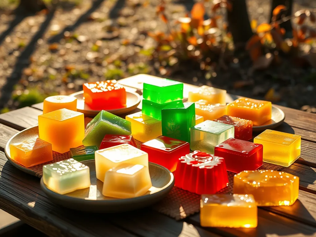 Colorful vegan jellies made with agar agar, showcasing various shapes and colors.