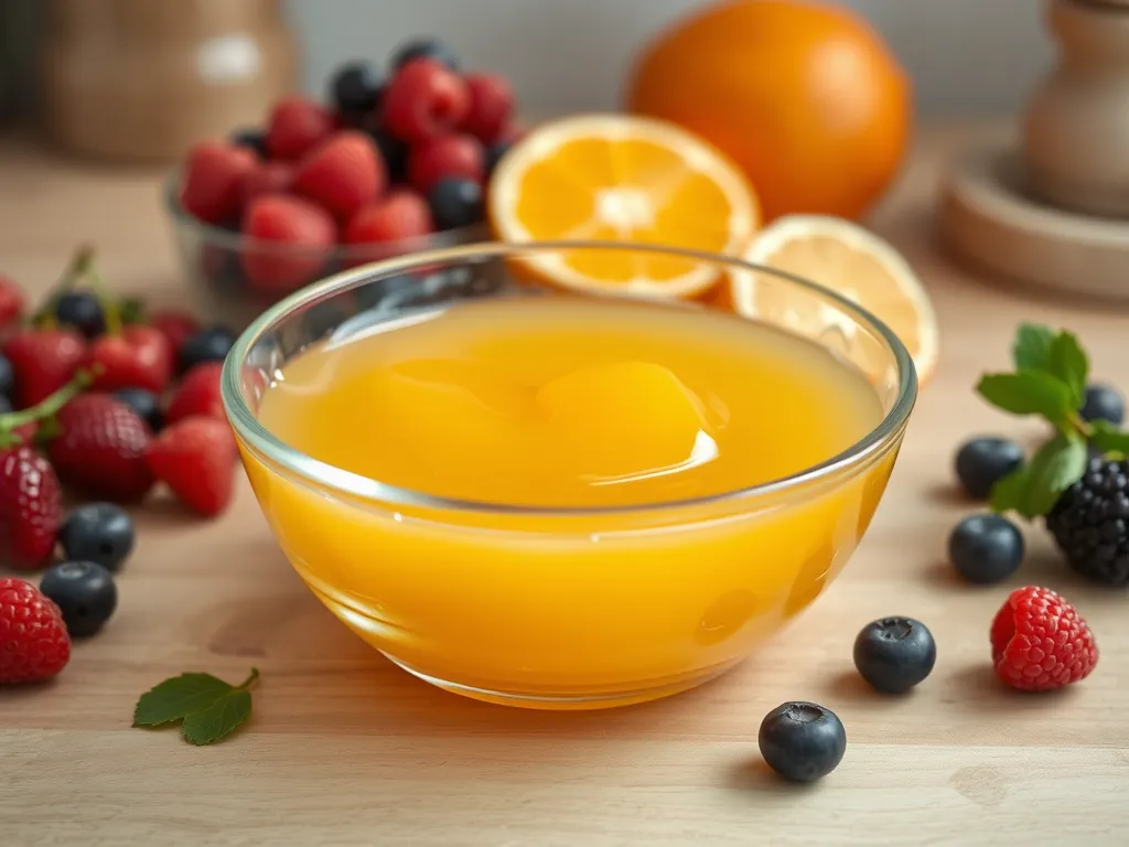 Bowl of vibrant vegan jelly made with agar agar surrounded by fresh fruits for a healthy dessert.