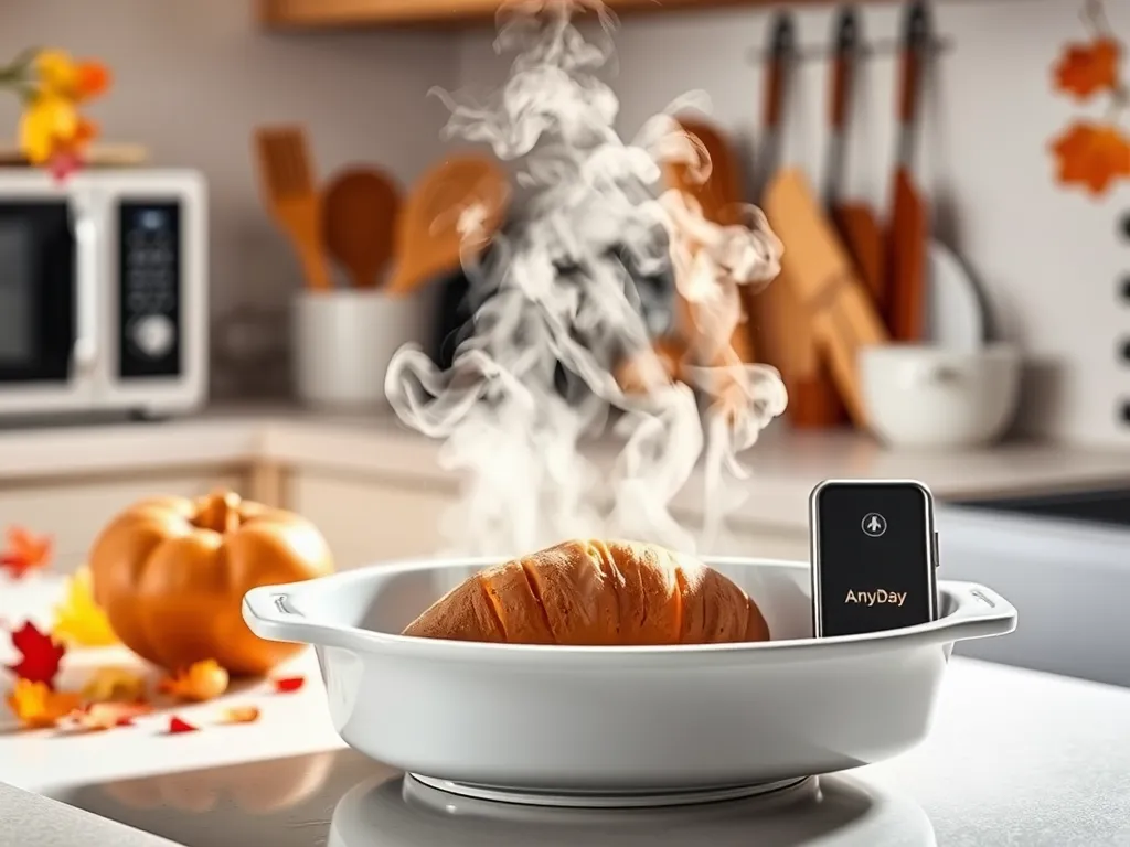 Baked sweet potato in an AnyDay microwave dish with steam