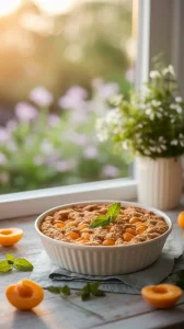 Delicious Apricot Crisp dessert made in the microwave, garnished with fresh mint.