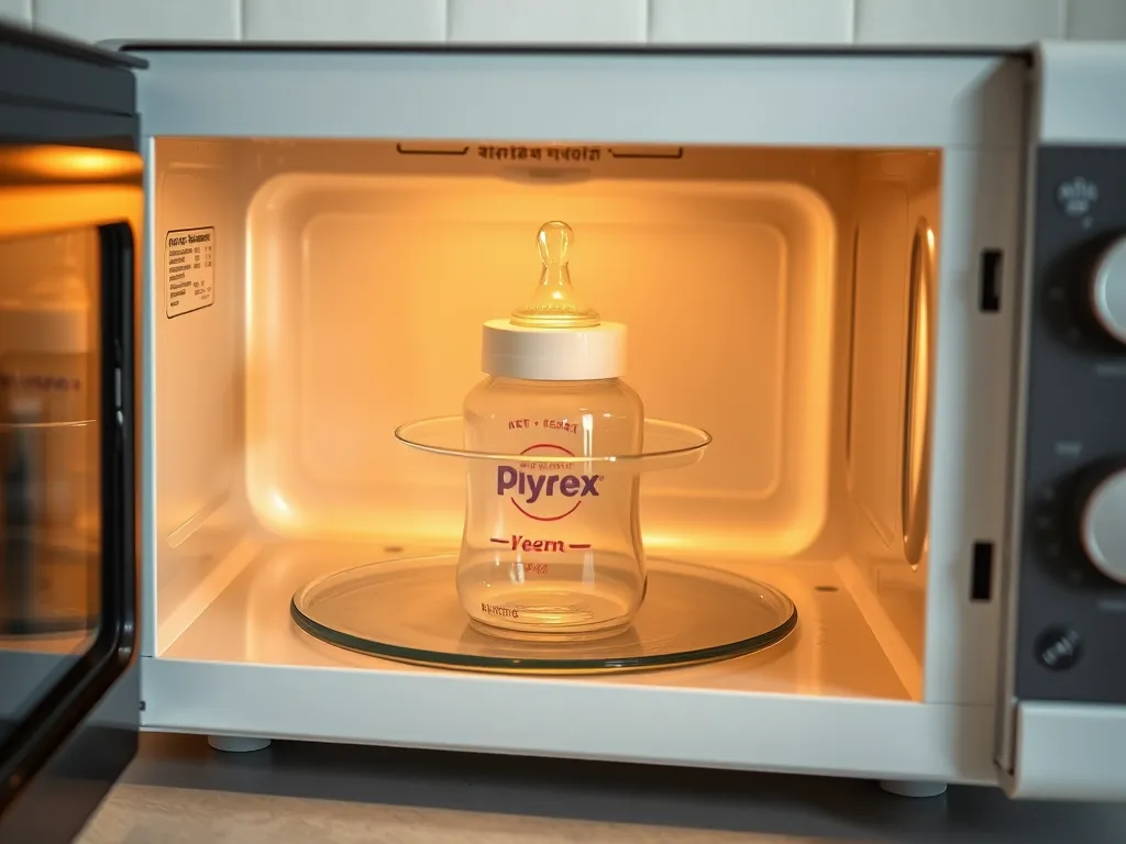 Baby bottle safely placed in a microwave for heating as per baby bottles in the microwave safety guide.