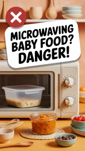 A microwave with baby food in plastic, highlighting the dangers of microwaving baby food in plastic containers.