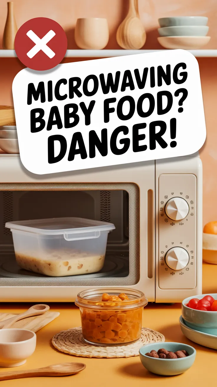 A microwave with baby food in plastic, highlighting the dangers of microwaving baby food in plastic containers.
