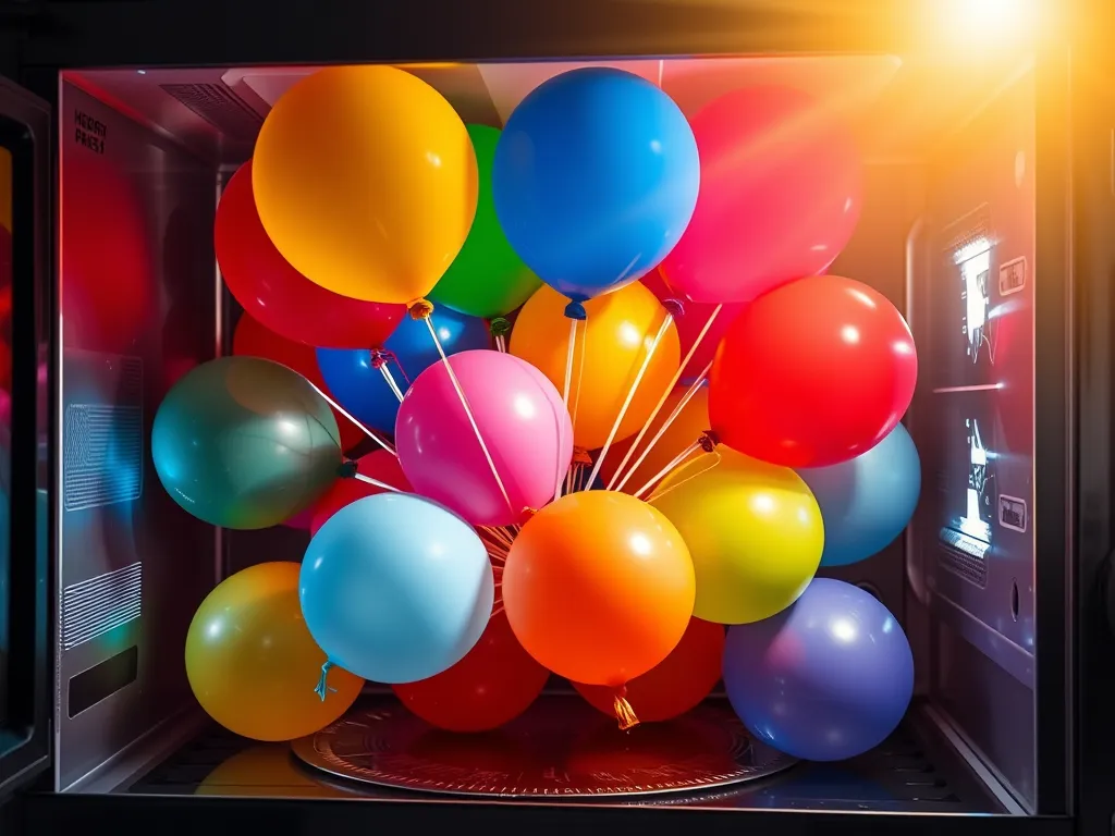 Colorful balloons inside a microwave showcasing the effects of heat on balloons.