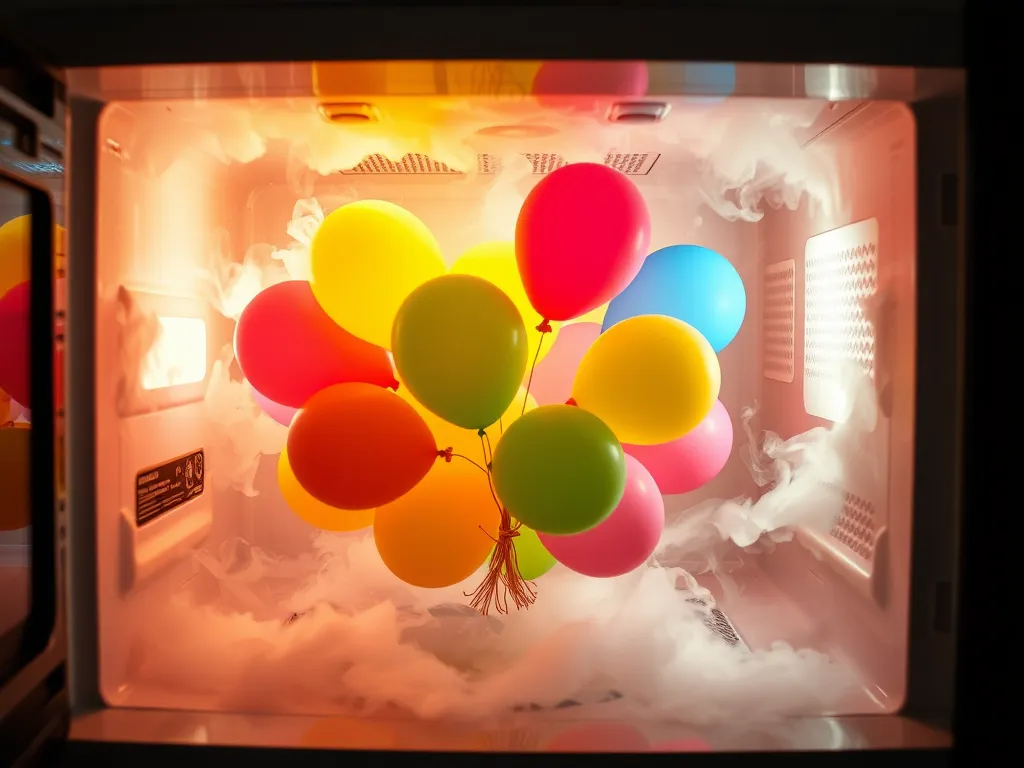 Colorful balloons inside a microwave, showcasing the experiment of popping or expanding.