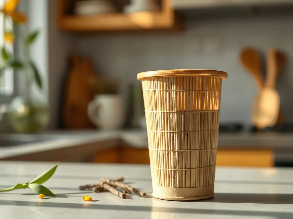 Reusable bamboo fiber coffee pod on kitchen counter