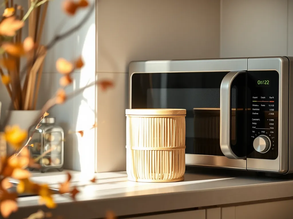 Bamboo fiber container placed inside a microwave, illustrating its microwave safety.