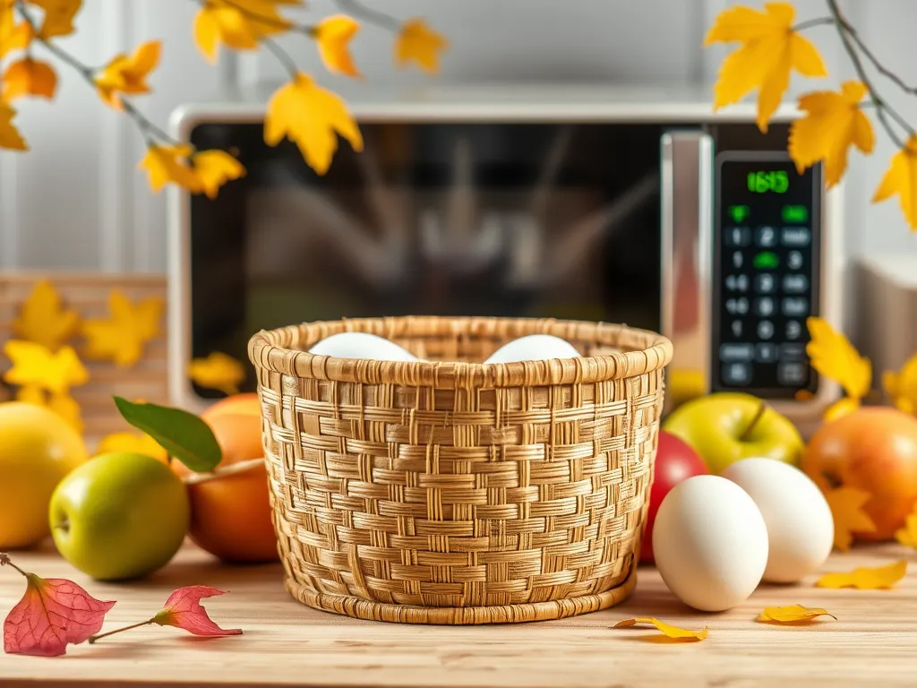 A bamboo fiber container with eggs, surrounded by fruits, illustrating microwave safety for bamboo fiber containers.