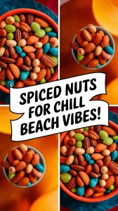 Colorful spiced nuts in a bowl, perfect for beach vibes and adults.