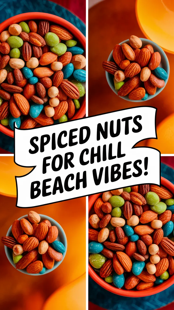 Colorful spiced nuts in a bowl, perfect for beach vibes and adults.