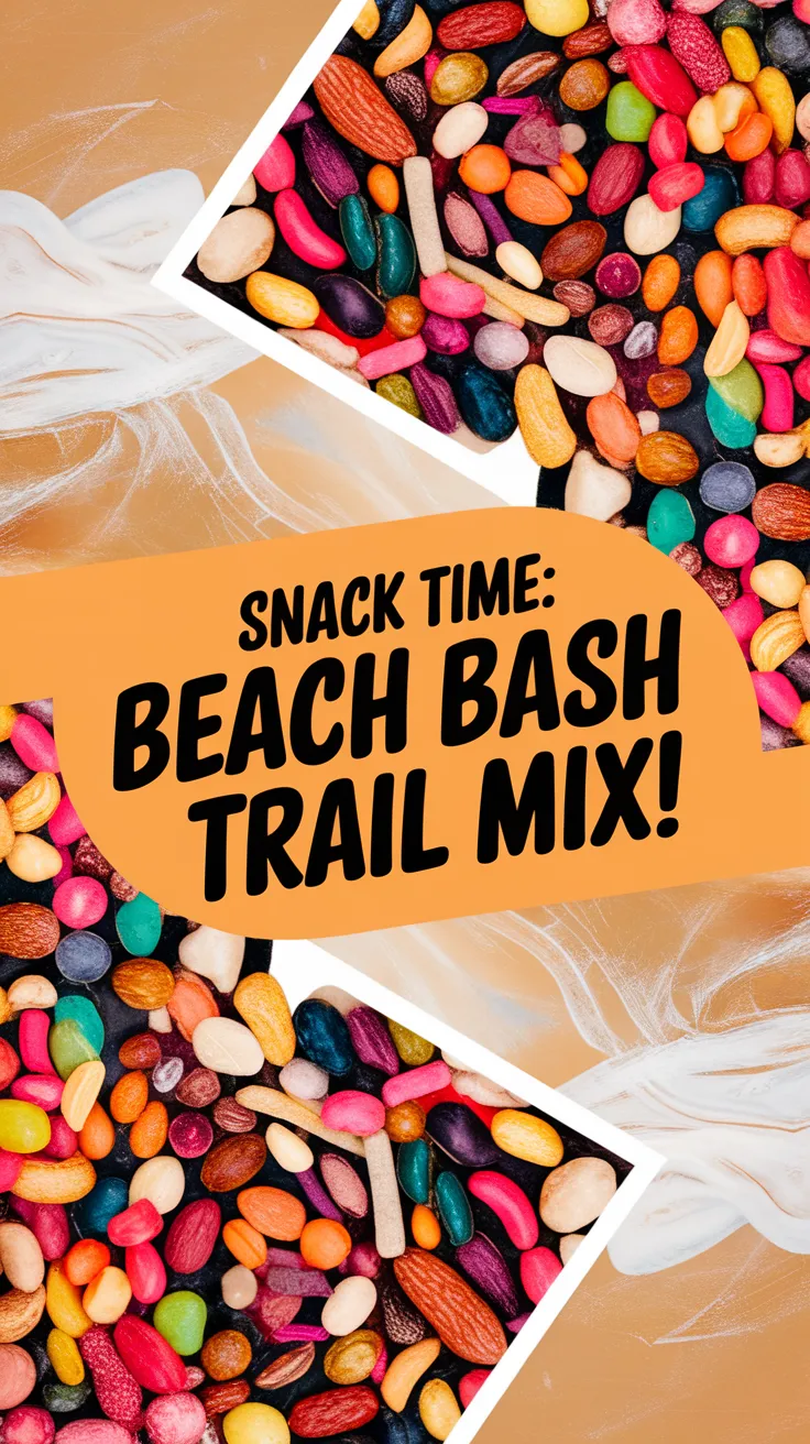 Colorful Beach Bash Trail Mix ingredients including nuts, candies, and dried fruit