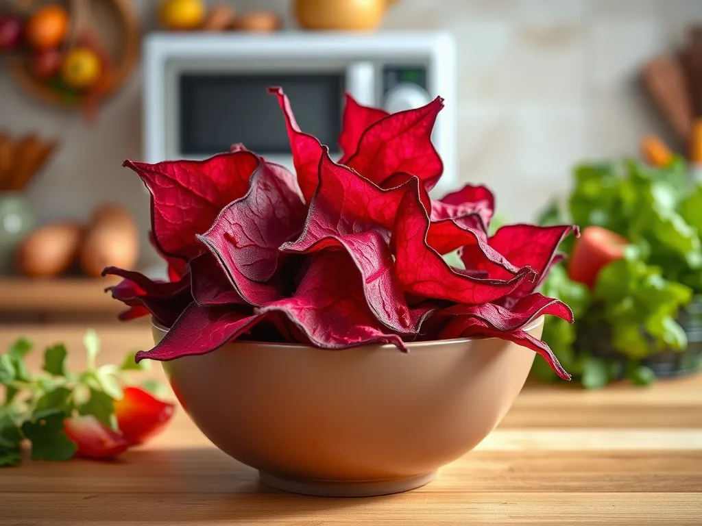 Bowl of raw beet leaves ready to be microwaved for beet chips