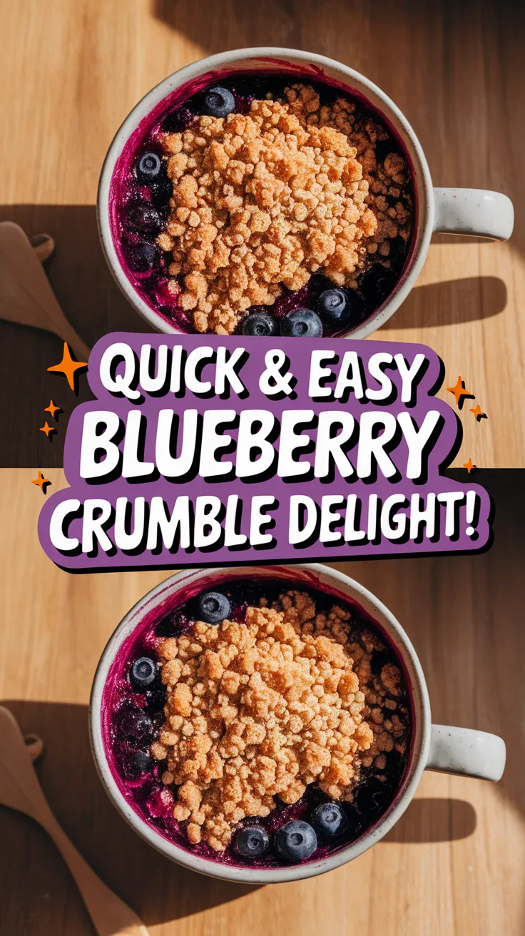 Delicious blueberry crumble in a mug, featuring blueberries and crumble topping, perfect for a quick microwave dessert.