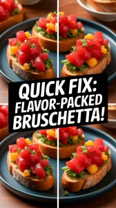 Delicious bruschetta platter topped with fresh tomatoes and herbs, ideal for quick microwave meals.