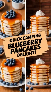 Delicious camping blueberry pancakes with syrup and fresh blueberries, perfect for a quick microwave mix-in recipe.