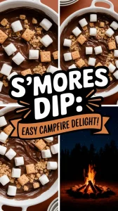 Delicious Camping S’mores Dip topped with marshmallows and graham crackers.