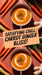 Chilled Carrot Ginger Soup garnished with herbs and surrounded by fresh carrots and ginger