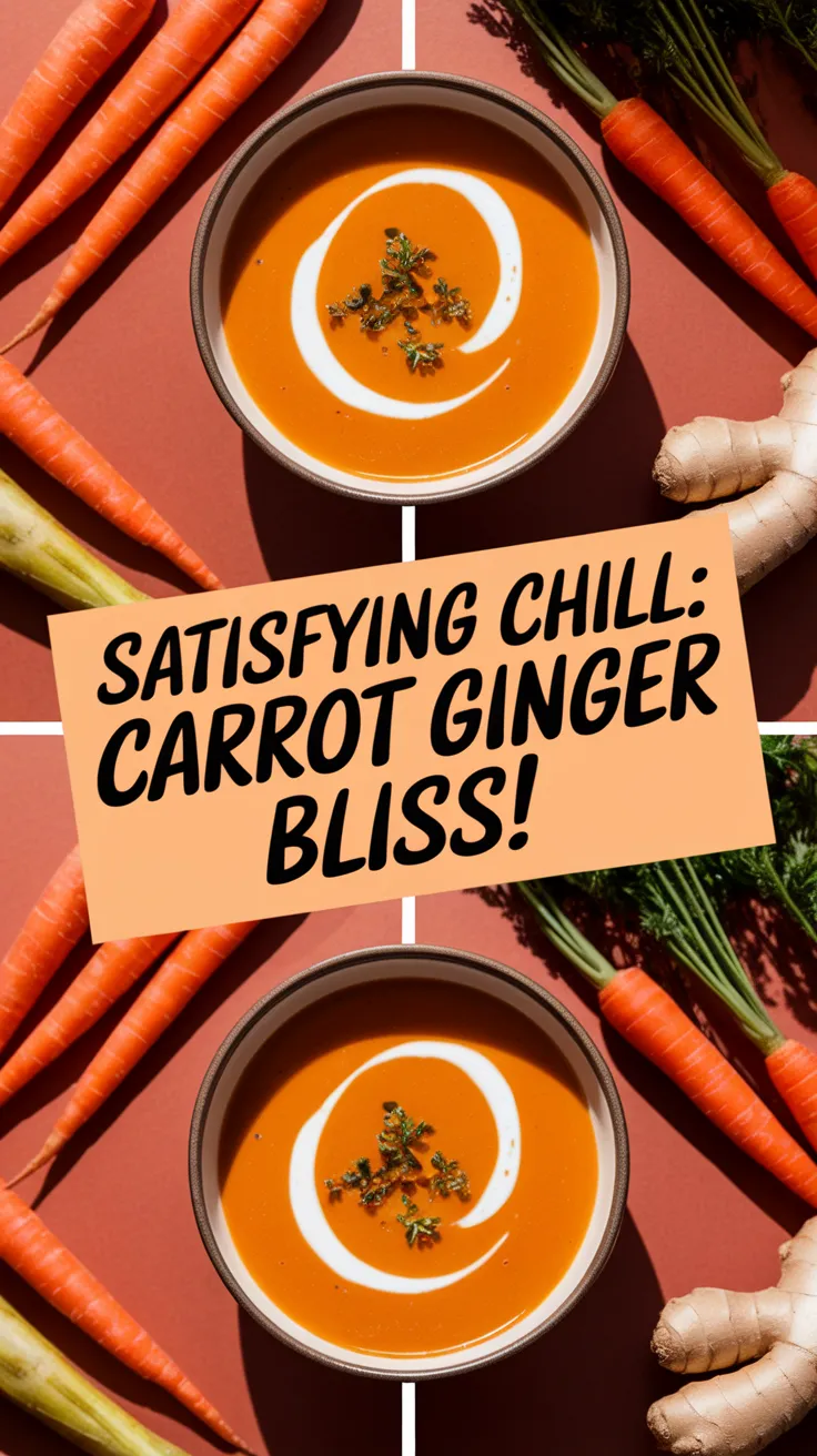 Chilled Carrot Ginger Soup garnished with herbs and surrounded by fresh carrots and ginger