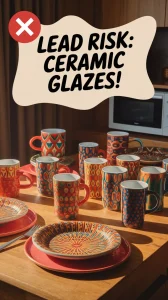 Colorful ceramic tableware highlighting the risks of lead contamination in glazes.