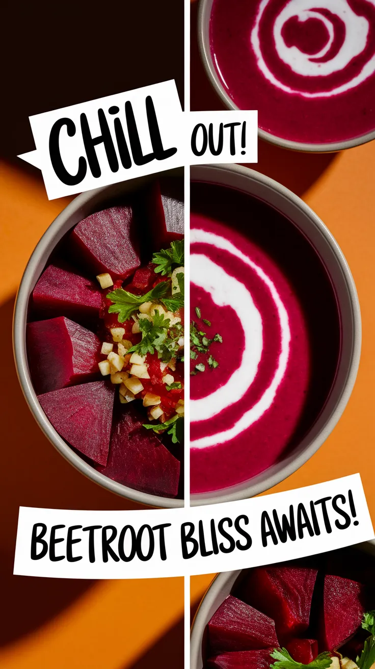 A vibrant bowl of chilled beetroot soup garnished with fresh herbs, showcasing the delicious microwave base recipe.