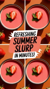 Delicious chilled strawberry sipper soup served in a bowl, garnished with fresh strawberries and mint leaves.