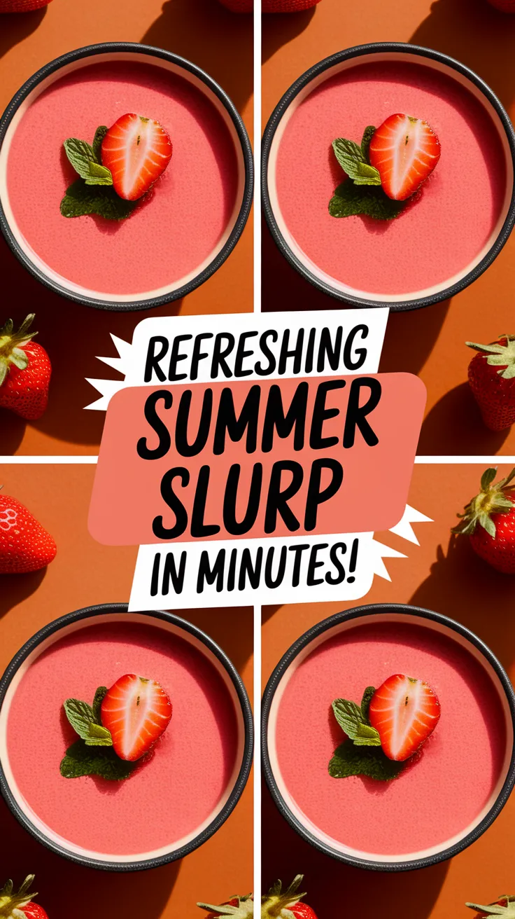 Delicious chilled strawberry sipper soup served in a bowl, garnished with fresh strawberries and mint leaves.