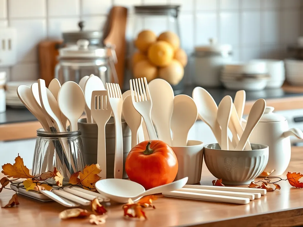 Variety of compostable PLA plastic utensils, including forks, spoons, and knives, safe for microwaving.