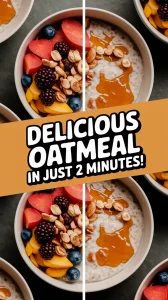 Bowl of Copycat Starbucks microwave oatmeal topped with fruits, nuts, and syrup.