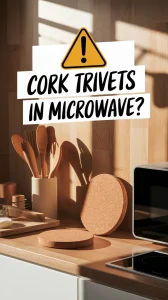 Cork trivets placed on a kitchen counter with a microwave, emphasizing the question of sanitizing cork trivets.