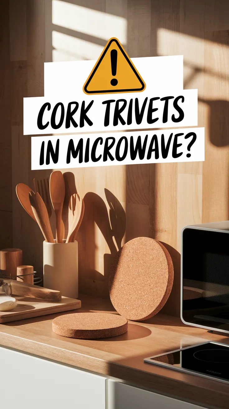 Cork trivets placed on a kitchen counter with a microwave, emphasizing the question of sanitizing cork trivets.