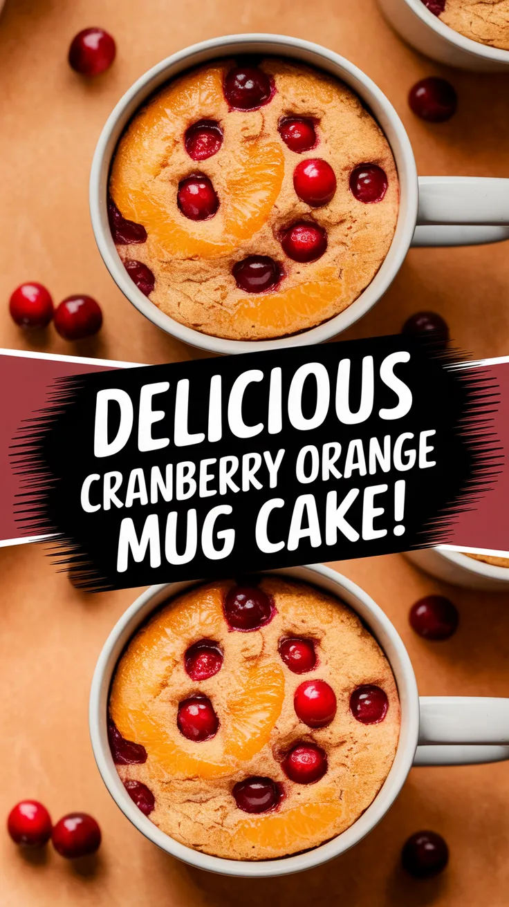 Delicious microwave cranberry orange mug cake topped with cranberries and orange slices