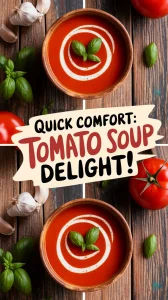 Bowl of creamy tomato soup with basil, garlic, and tomatoes - perfect for a quick meal.