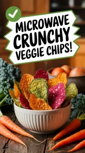 Bowl of crunchy veggie chips made in the microwave, showcasing various colorful chips.