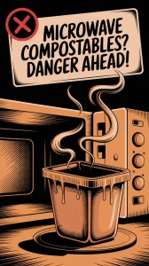A warning graphic about the dangers of microwaving compostable containers, featuring a steaming compostable container.