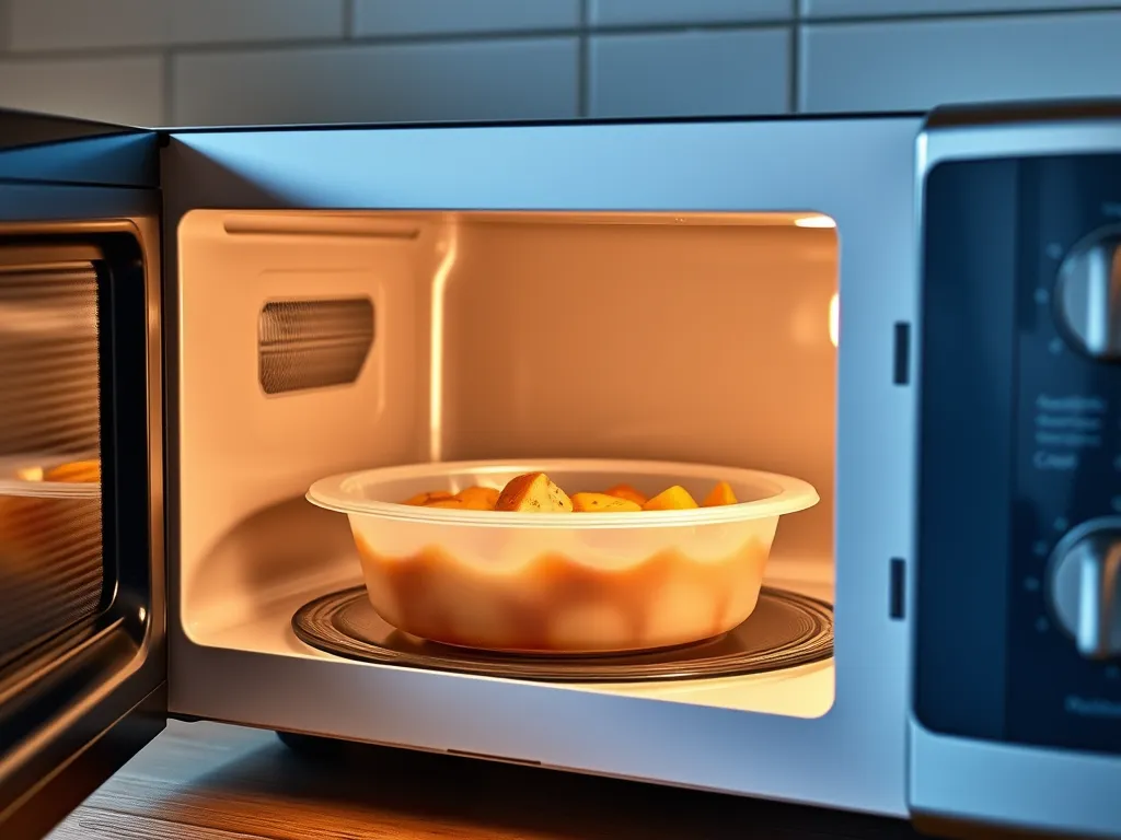 Compostable container with food inside a microwave, highlighting risks of microwaving compostable materials.