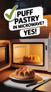 Delicious puff pastry defrosting in a microwave, demonstrating the process of defrosting for baking.