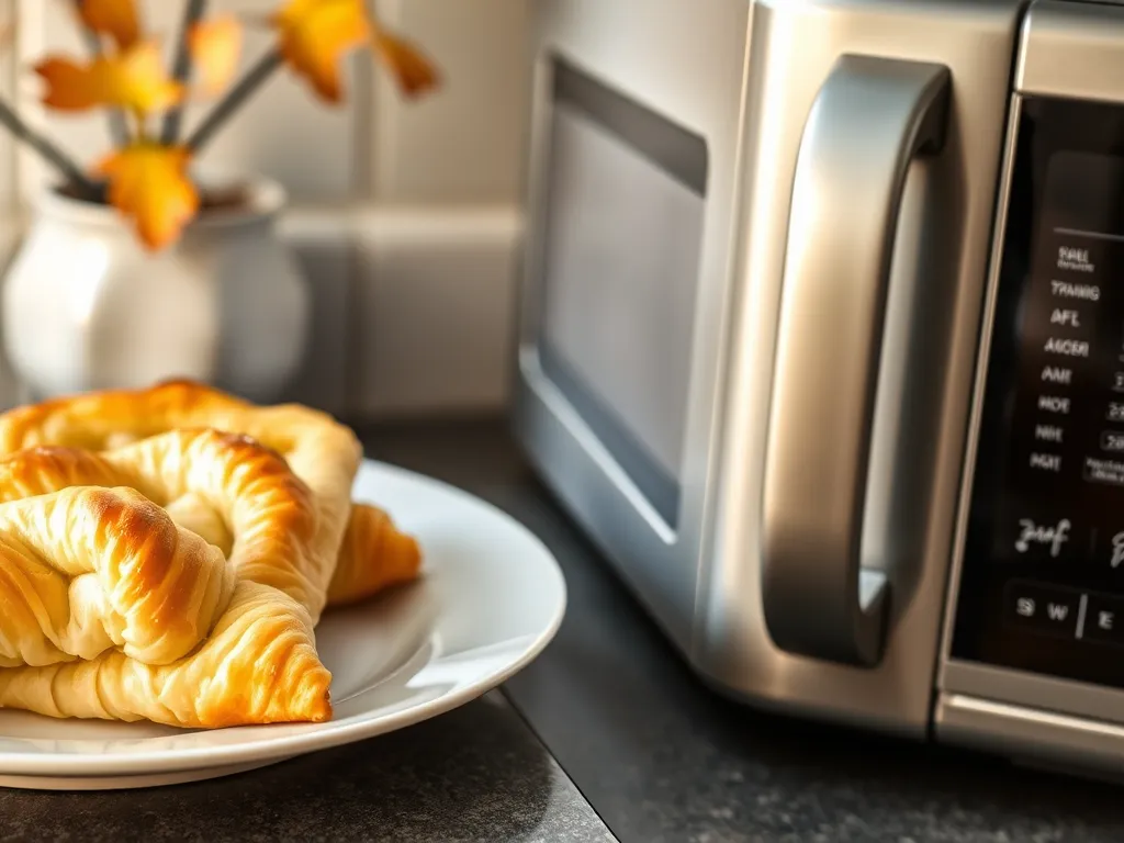 A plate of puff pastry near a microwave, demonstrating the defrosting process.
