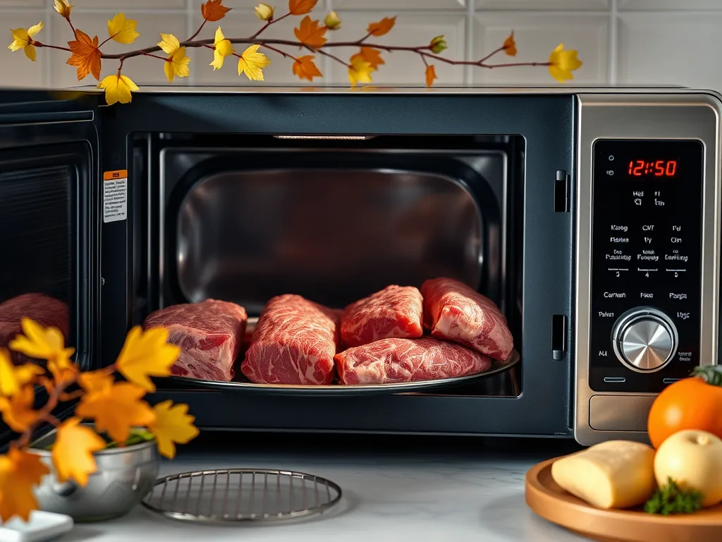 A microwave with meat being defrosted, illustrating the correct method for defrosting meat.