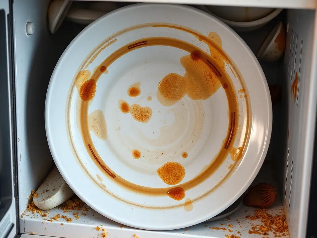 A filthy microwave plate with food stains and residue, highlighting the shocking cleanliness issue.