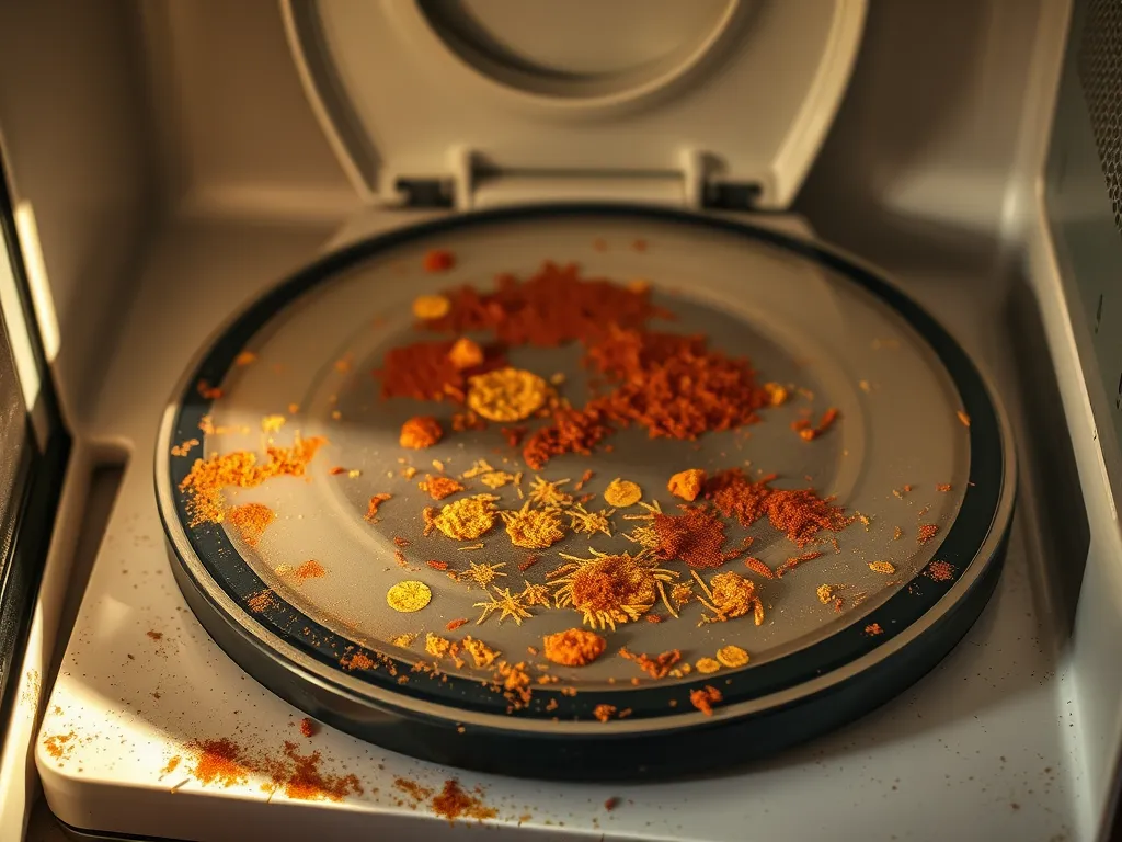 Close-up of a dirty microwave turntable with food particles and stains.