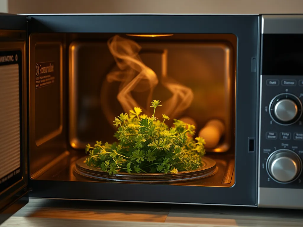 Fresh parsley being dried in a microwave oven