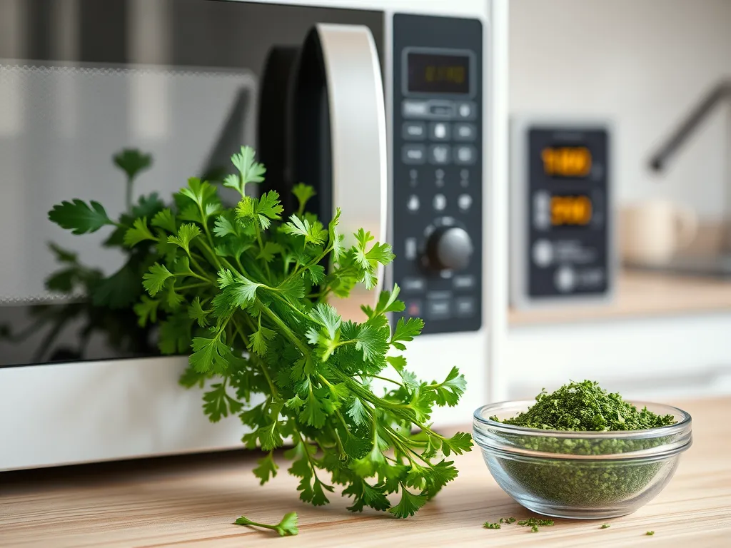 Fresh parsley next to a microwave, illustrating how to dry parsley in a microwave.