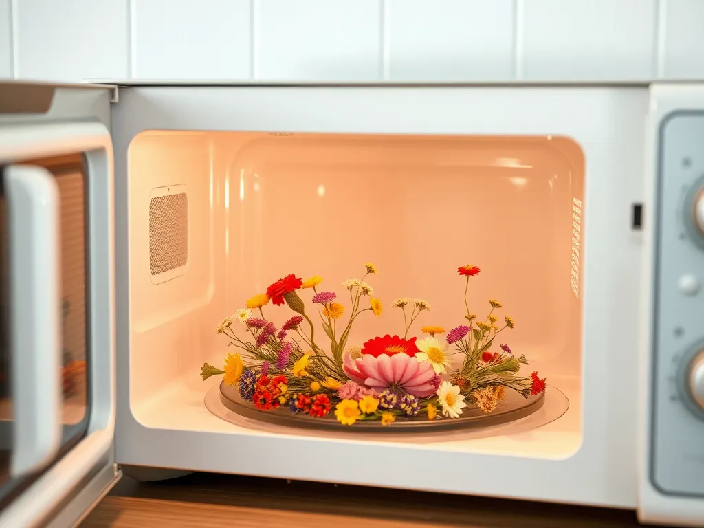 A microwave with colorful flowers arranged inside, showcasing a method for drying flowers in the microwave.